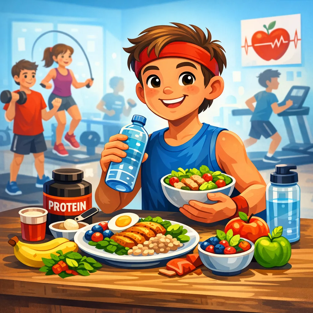 Illustration representing youth strength training with children exercising in a gym with fitness equipment