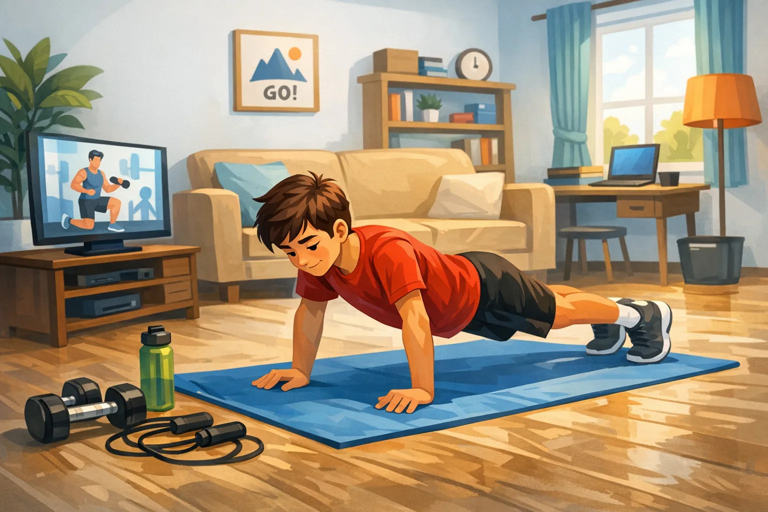 Illustrazzjoni ta’ adoloxxenti jagħmel eżerċizzji fid-dar bħall-planks u push-ups fis-salott