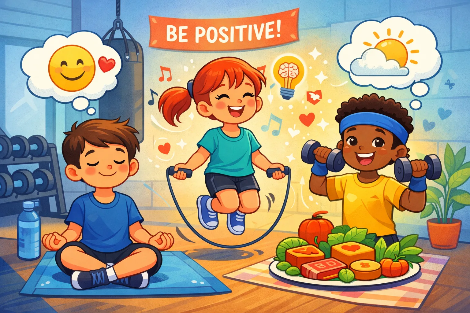 Illustration representing youth strength training with children exercising in a gym with fitness equipment