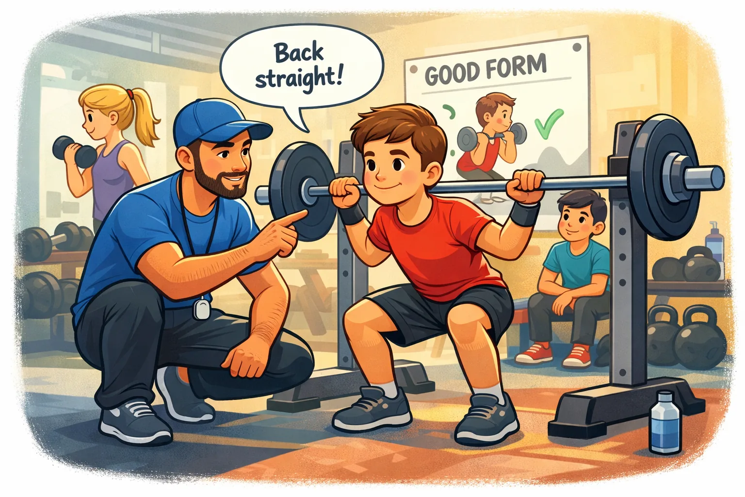 Illustration representing youth strength training with children exercising in a gym with fitness equipment