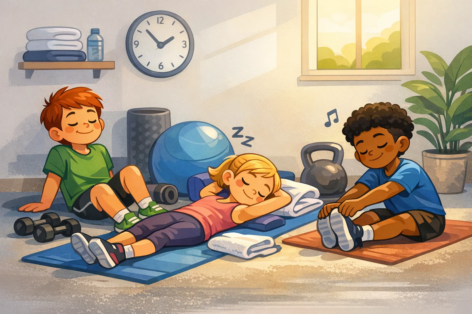 Illustration representing youth strength training with children exercising in a gym with fitness equipment