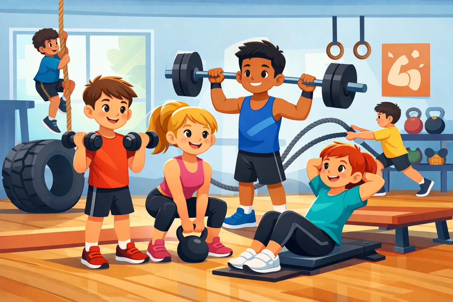 Illustration representing youth strength training with children exercising in a gym with fitness equipment
