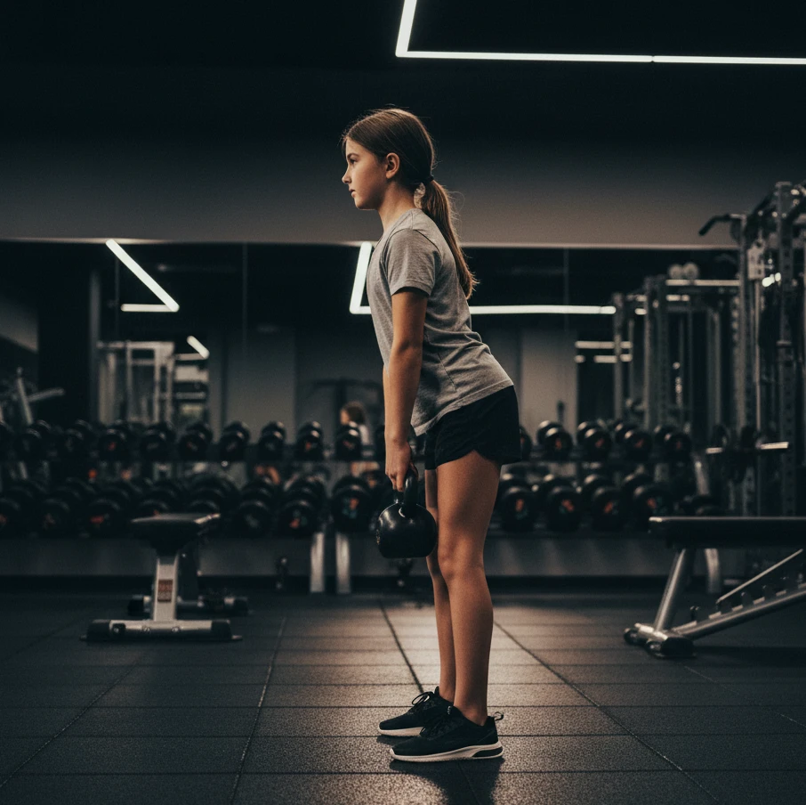 Girl performing kettlebell deadlift in youth strength training