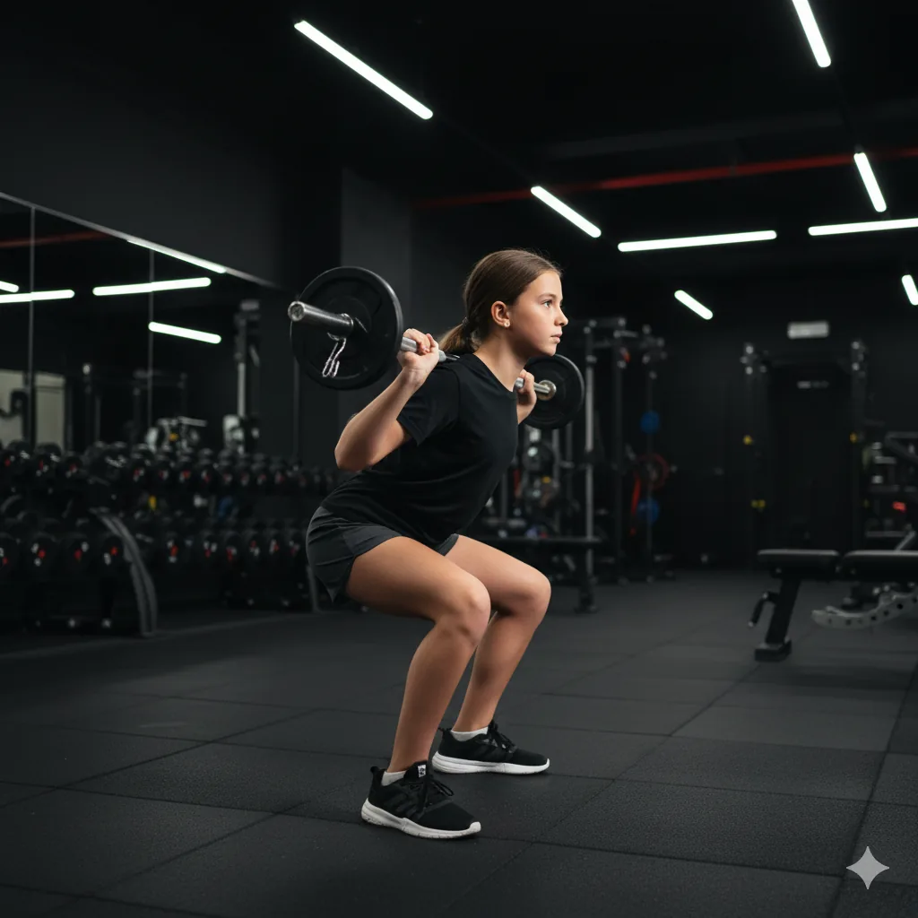 Youth strength class in Malta for ages 9–15, showing a young person performing a squat